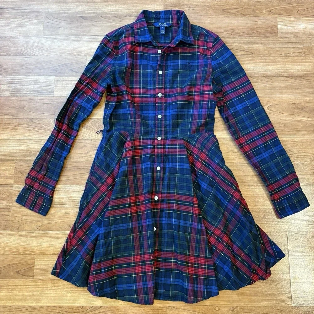 Polo Ralph Lauren Girls' Plaid Flannel Dress Size 16 Pockets Pony Logo No Belt